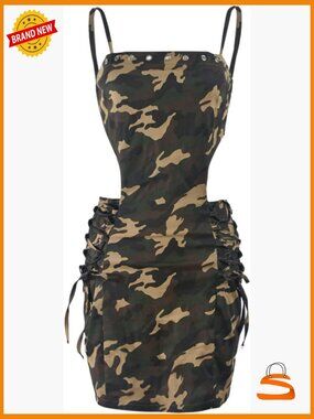 Sexy Spaghetti Strap Bodycon Mini Dress Cutout Camo Print Summer Party Dress